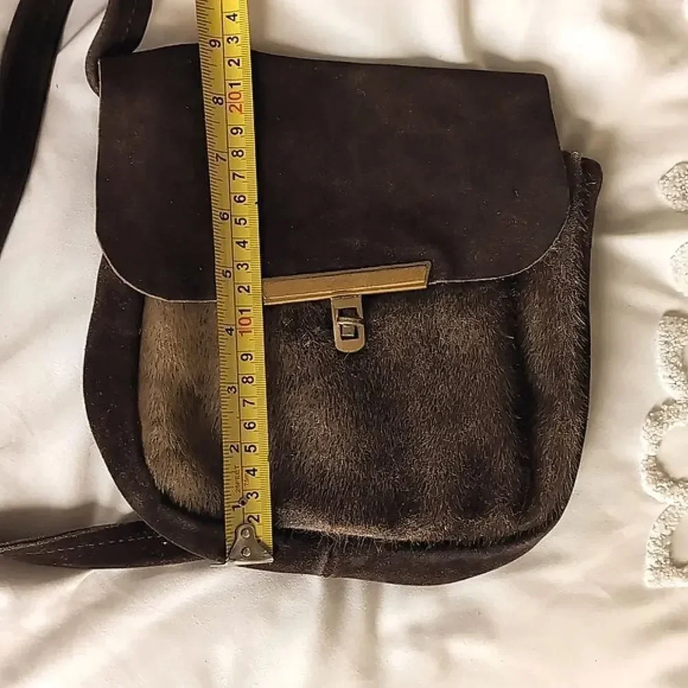 60's Vintage Brown Suede- Hair On Hide Brass Turn Lock Hip Crossbody Bag